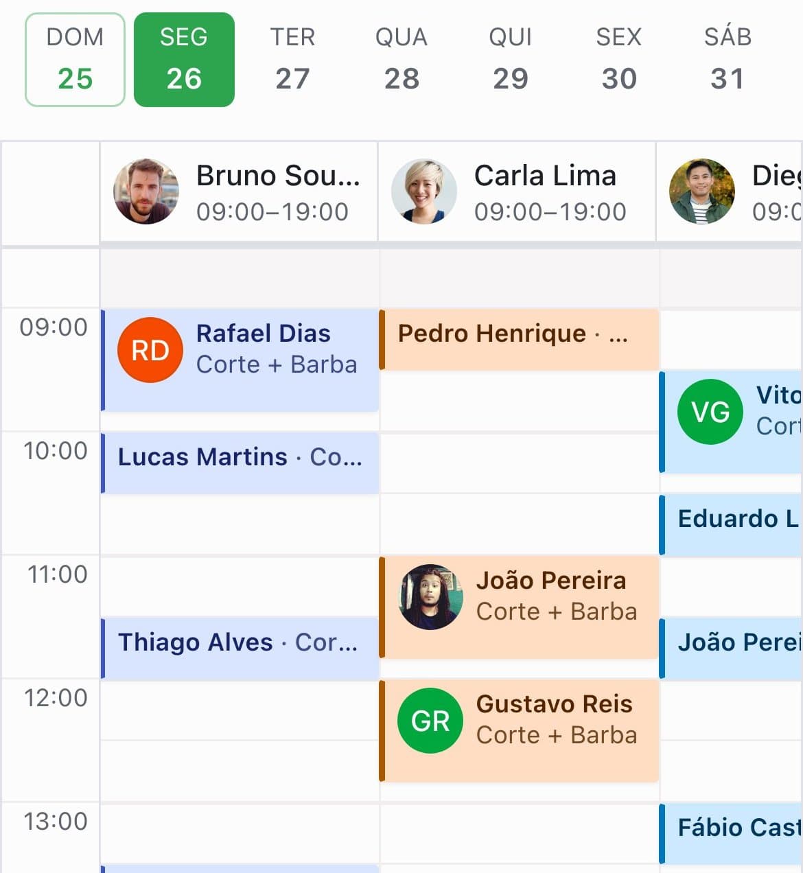 A agenda do atendepramim no celular: segunda-feira com os horários de Bruno, Carla e Diego