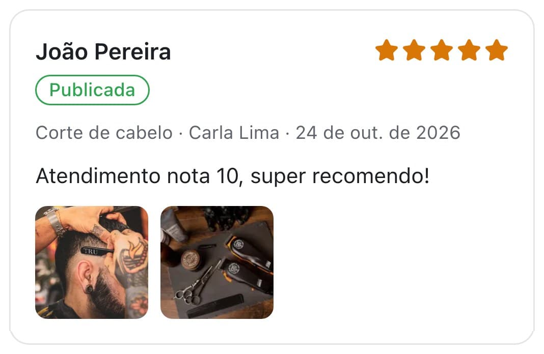 Uma avaliação de 5 estrelas no atendepramim: Atendimento nota 10, super recomendo!, com duas fotos do corte