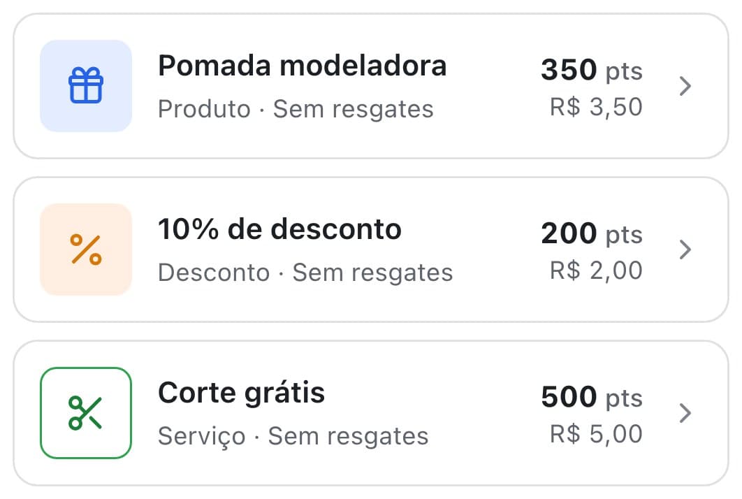 As recompensas de pontos no atendepramim: pomada por 350 pontos, 10% de desconto por 200 e corte grátis por 500