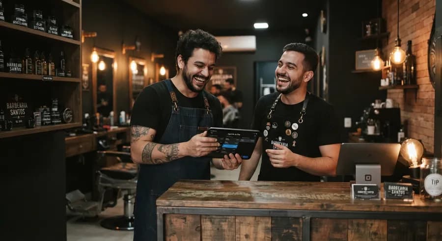 Dois barbeiros sorrindo no balcão da barbearia, olhando um tablet