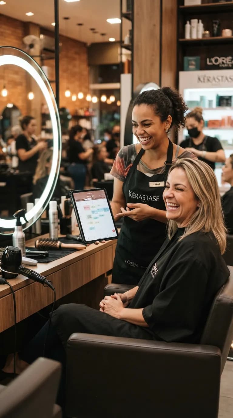 Cabeleireira e cliente sorrindo no salão, com a agenda aberta num tablet