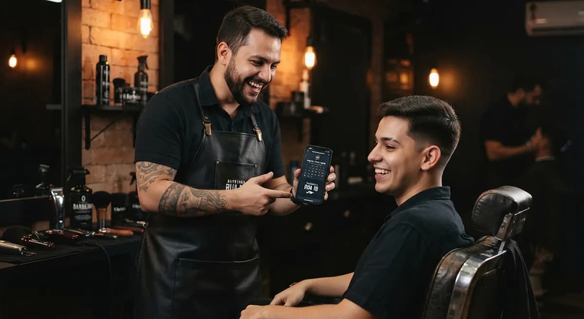 Barbeiro mostrando o celular para um cliente na cadeira