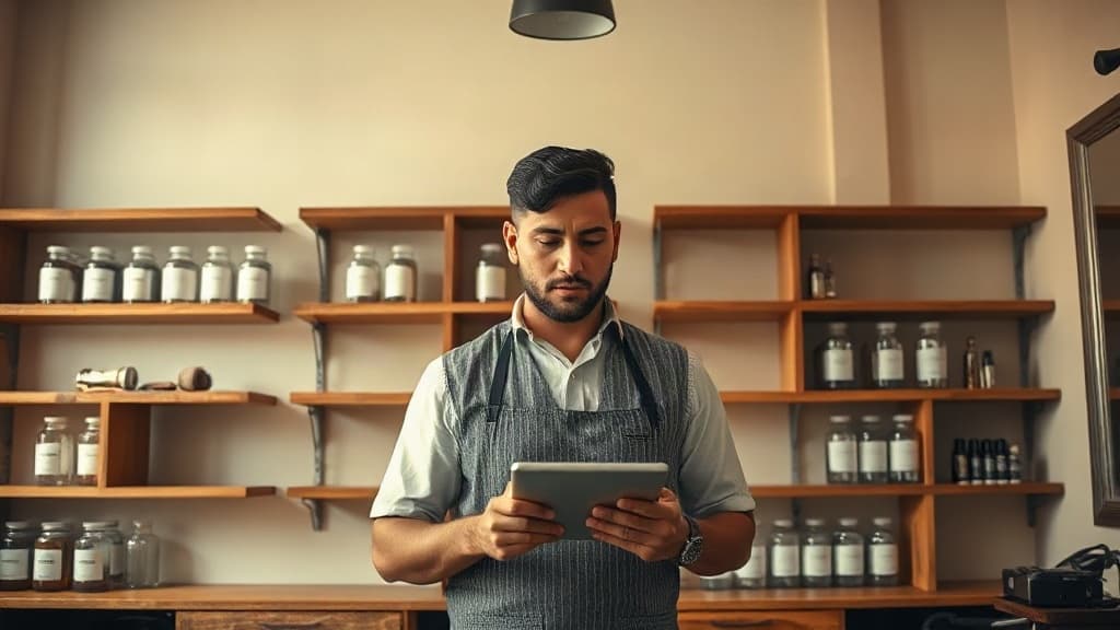 Barbeiro confere os produtos da prateleira com um tablet nas mãos