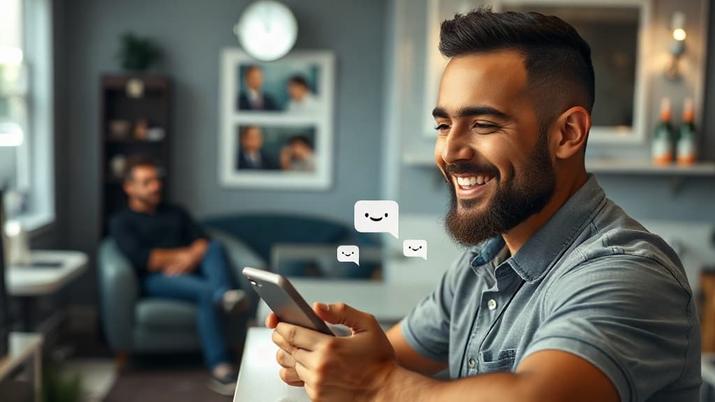 Homem sorri olhando o celular no balcão de uma barbearia, com ícones de mensagem ao lado, enquanto um cliente espera sentado ao fundo