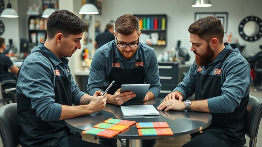 Três barbeiros de avental conversam em volta de uma mesa redonda; o do meio segura um tablet