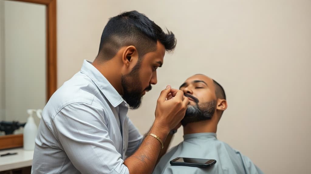 Barbeiro apara a barba de um cliente de olhos fechados na cadeira, com um celular apoiado ao lado
