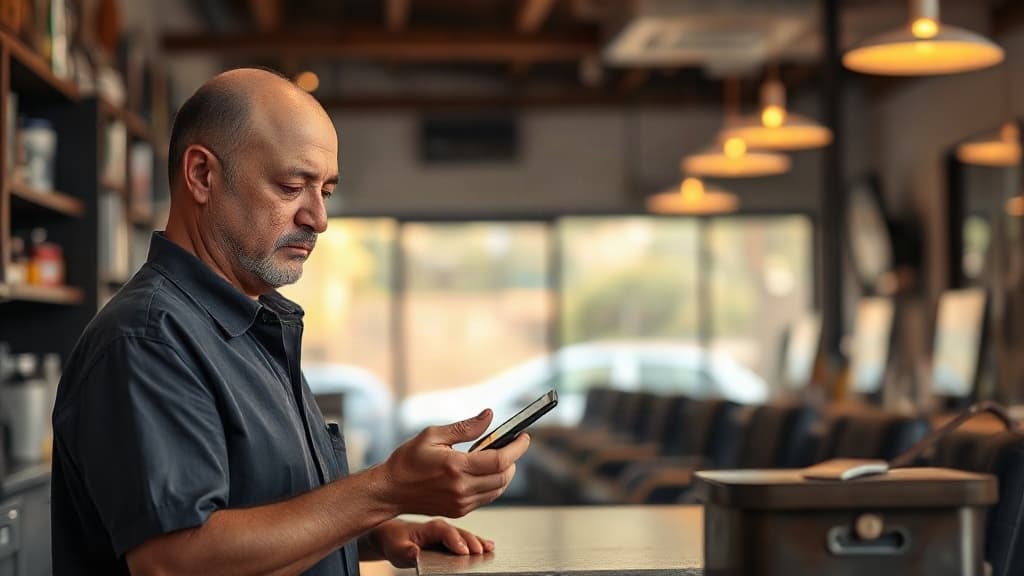 Dono de barbearia confere o celular no balcão no fim do dia, com as cadeiras vazias ao fundo