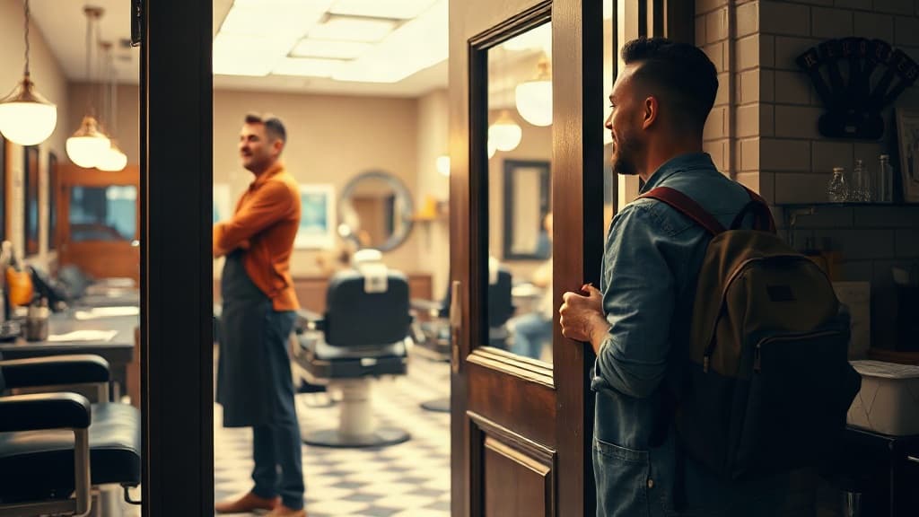 Barbeiro abrindo a porta da barbearia para cliente sorridente com mochila