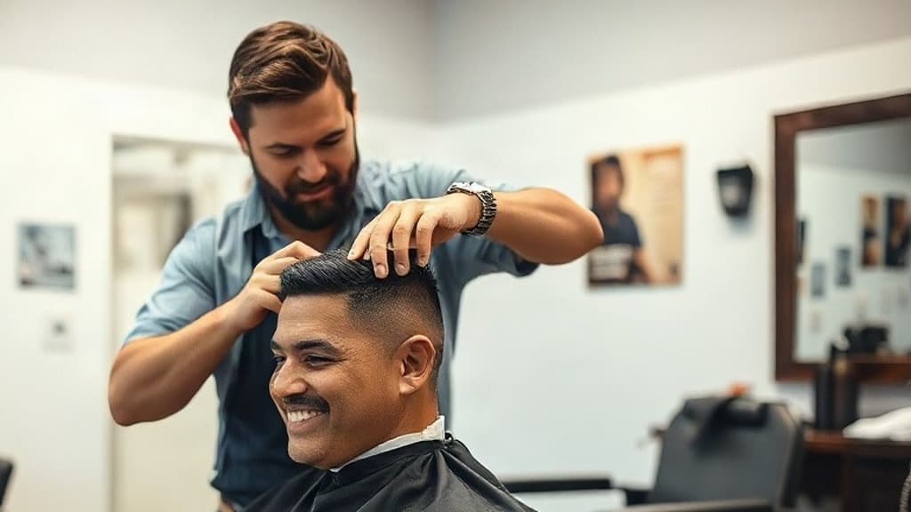 Barbeiro sorri enquanto ajeita o cabelo de um cliente sorridente na cadeira da barbearia