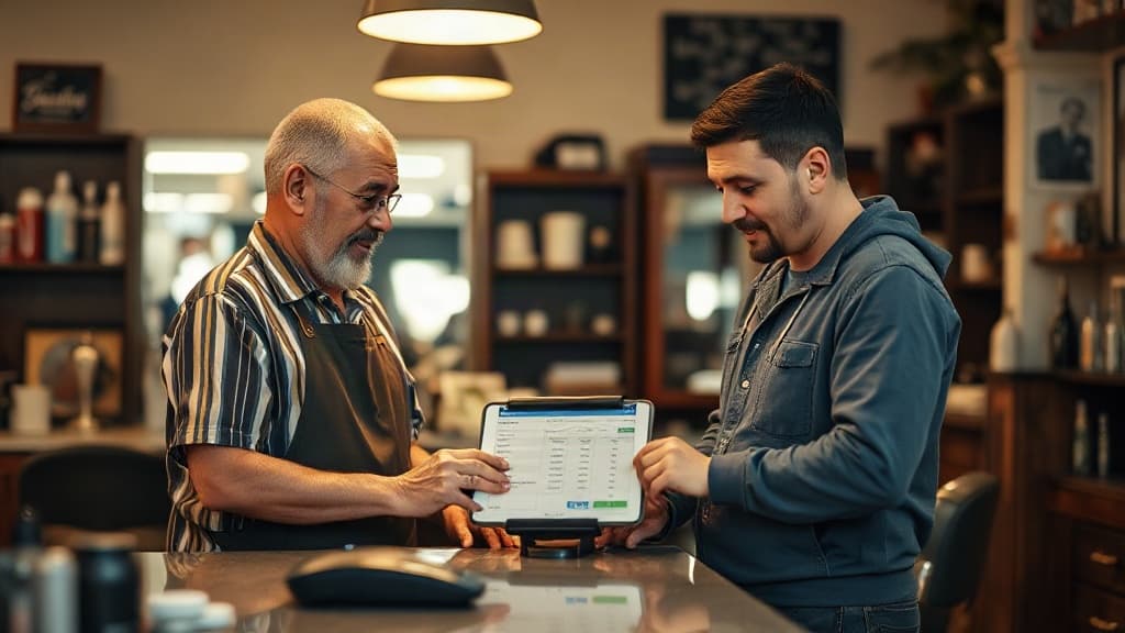 Dono da barbearia e um barbeiro olham juntos um tablet sobre o balcão