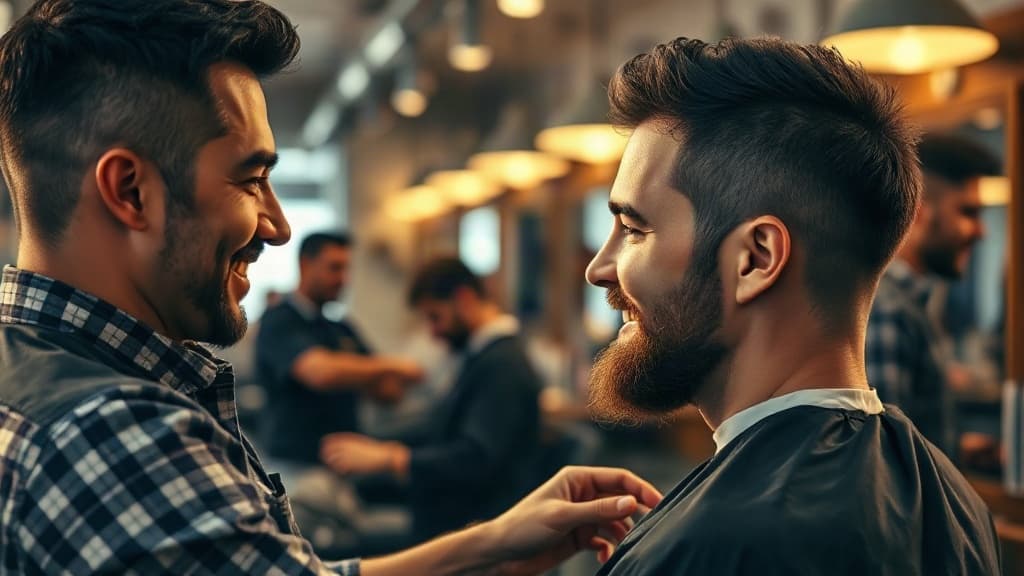Barbeiro sorrindo enquanto cliente confere corte no espelho em barbearia iluminada e acolhedora.
