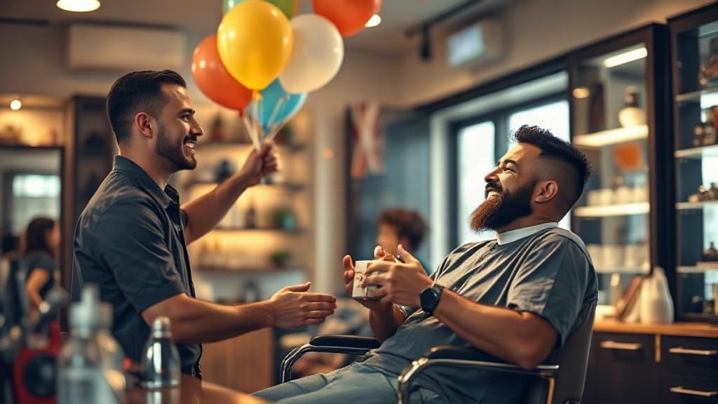 Barbeiro com balões coloridos na mão sorri para um cliente que segura uma xícara na cadeira