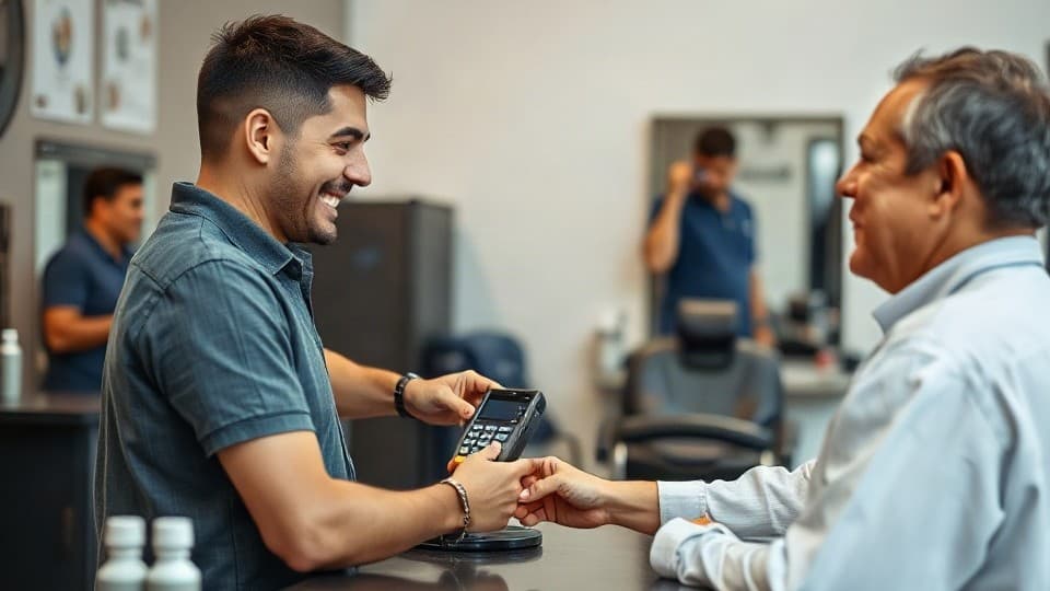 Cliente paga o barbeiro na maquininha de cartão no balcão da barbearia, os dois sorrindo