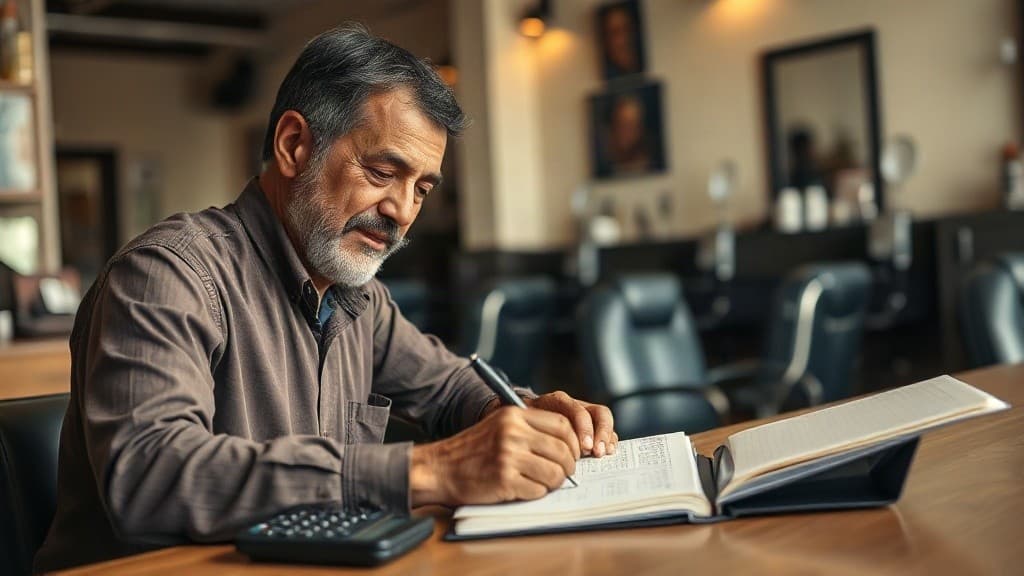 Dono da barbearia anota contas num caderno ao lado de uma calculadora, no balcão