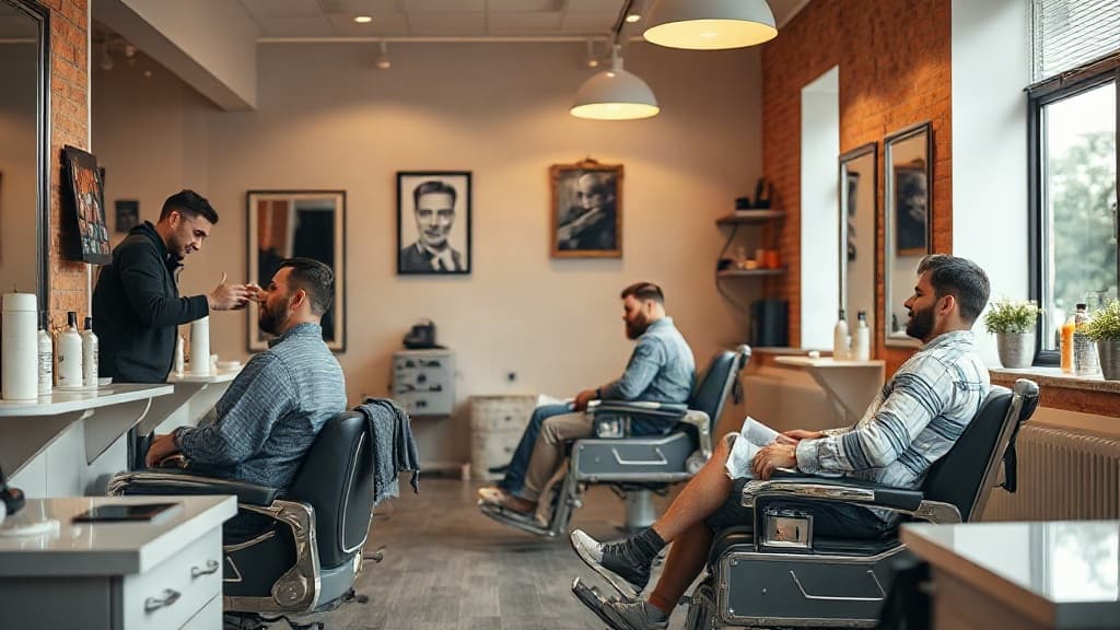 Barbeiro atende um cliente na cadeira enquanto outros dois clientes esperam sentados na barbearia