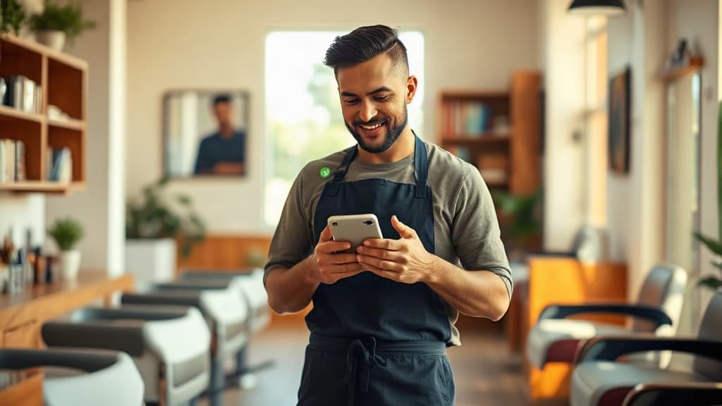Barbeiro sorri ao ver no celular os agendamentos que chegaram pelo WhatsApp
