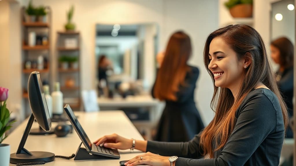 Recepcionista de salão sorri enquanto digita no computador do balcão, com cabeleireiras atendendo ao fundo