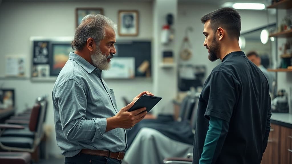 Dono da barbearia segura um tablet e conversa com um barbeiro jovem perto das cadeiras