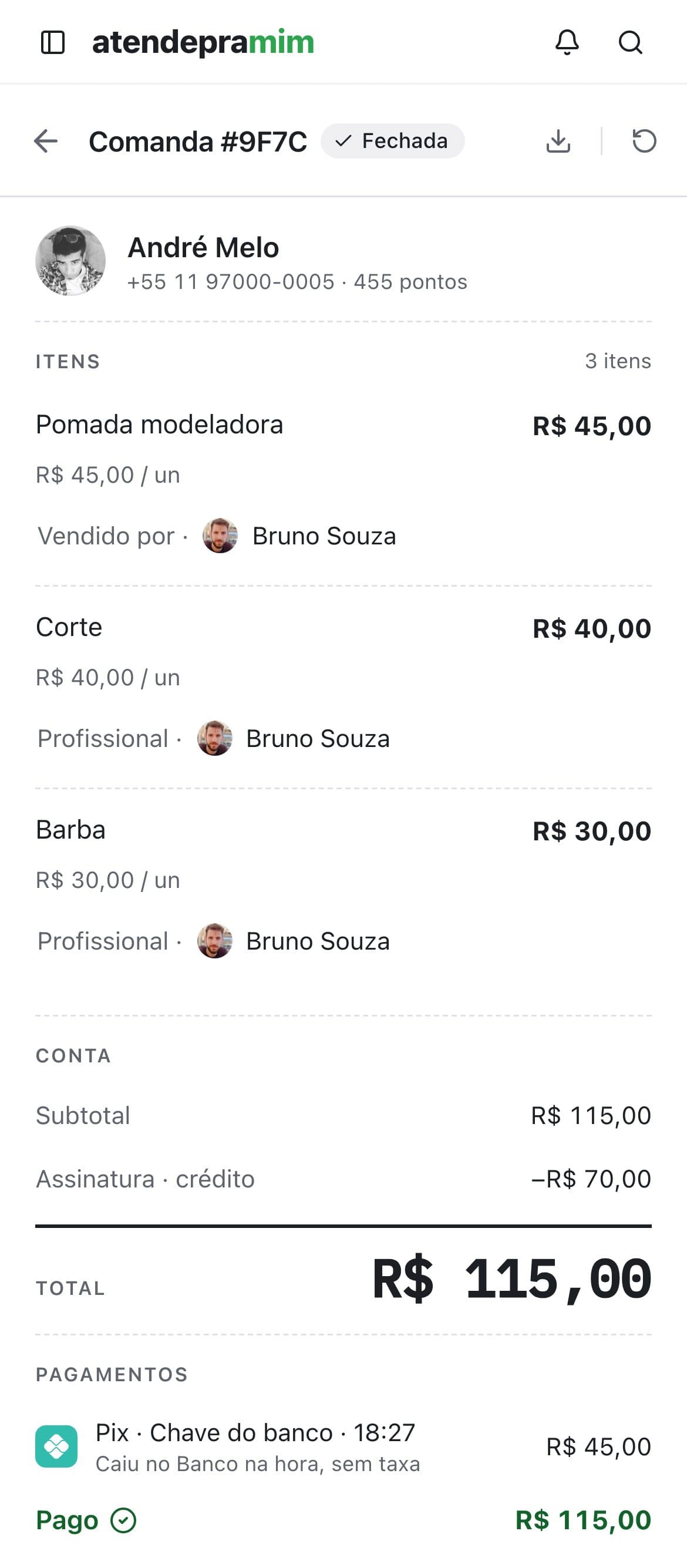 Uma comanda fechada no atendepramim: o corte e a barba, R$ 70, saem pela assinatura Corte + Barba, e só a pomada de R$ 45 é paga no Pix