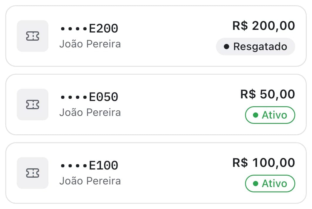 Vales-presente vendidos no atendepramim: R$ 200,00 resgatado, R$ 50,00 e R$ 100,00 ativos
