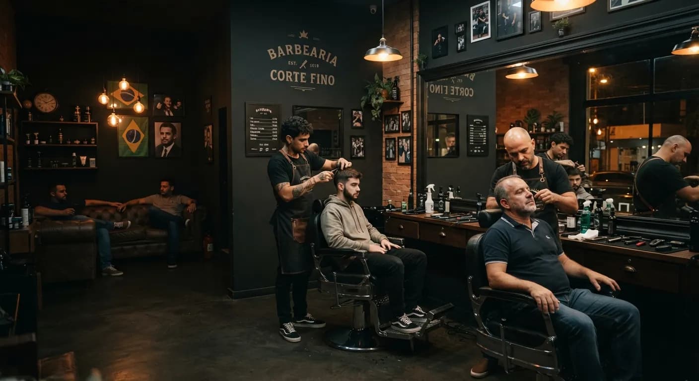 Barbearia cheia, com barbeiros atendendo e clientes esperando no sofá