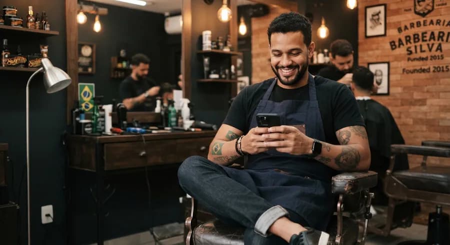 Barbeiro sorrindo olhando o celular, sentado na cadeira da barbearia