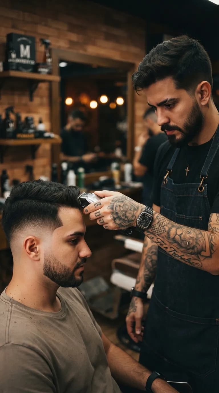 Barbeiro passando a máquina no cabelo de um cliente